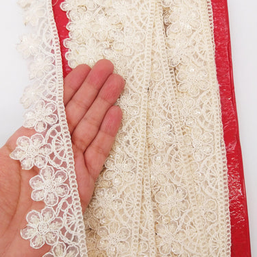 Nine Yards Off White Scallop Lace Trim Floral Embroidered, Cutwork Trim, Scallops Wedding Trim